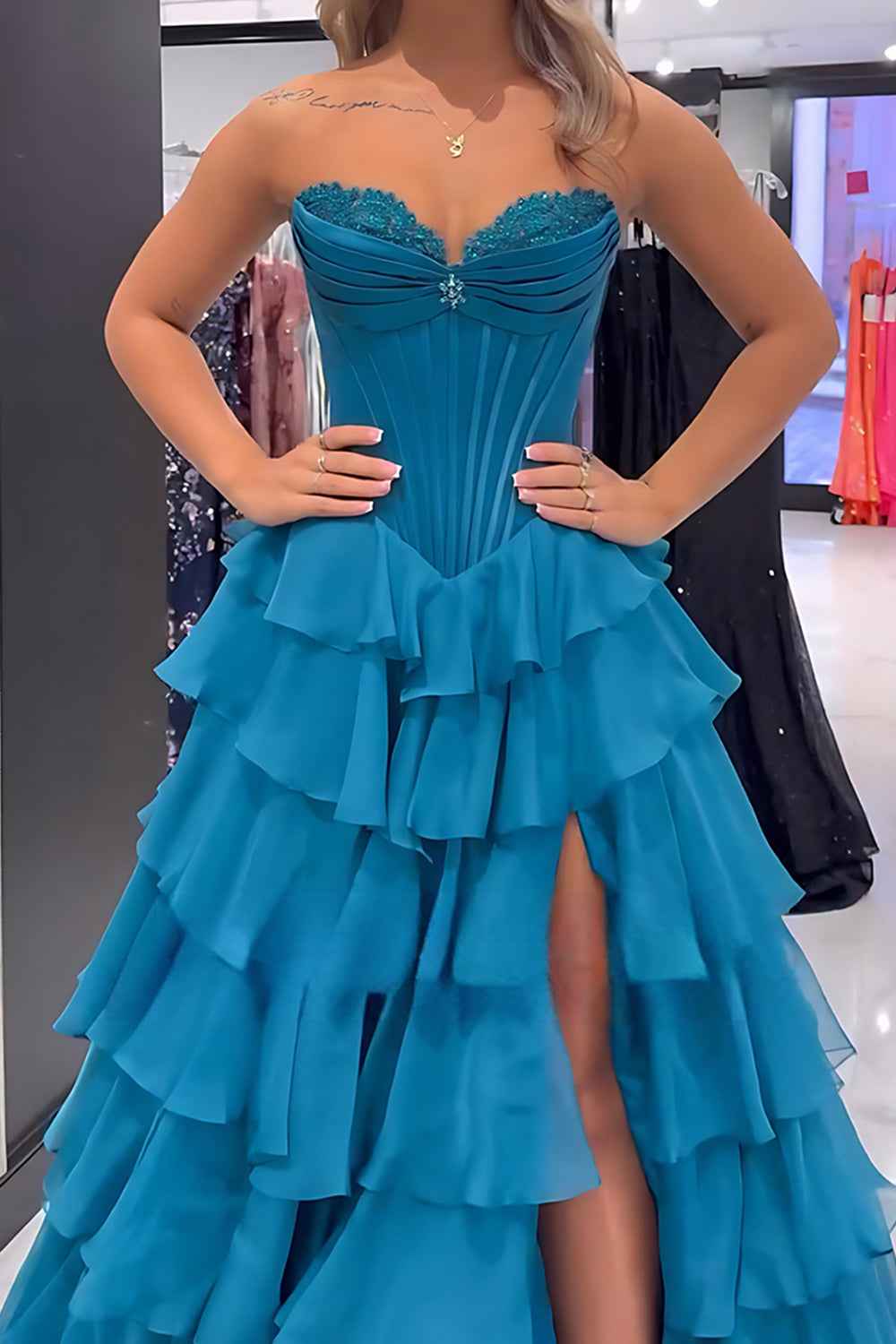 Black Sweetheart Princess Ruffled Long Corset Prom Dress with Beading