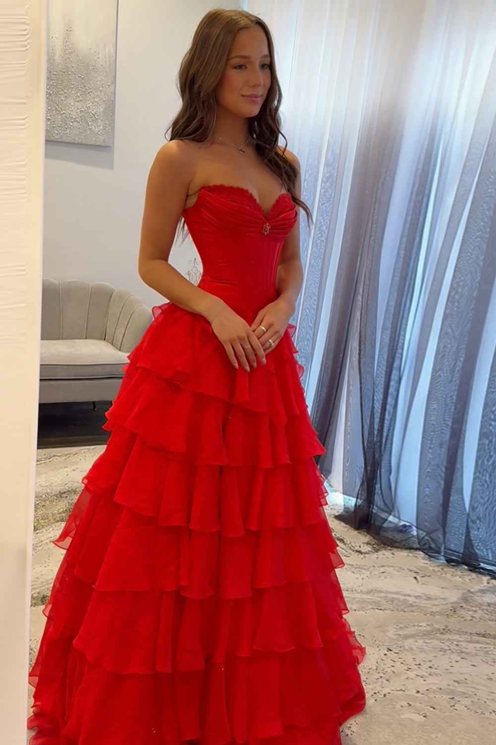 Black Sweetheart Princess Ruffled Long Corset Prom Dress with Beading