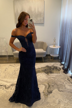 Sparkly Off the Shoulder Navy Mermaid Corset Long Lace Prom Dress