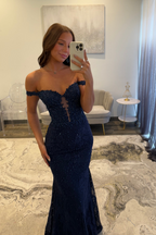 Sparkly Off the Shoulder Navy Mermaid Corset Long Lace Prom Dress