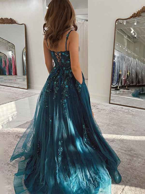 Peacock Blue A Line Slit Long Tulle Prom Dress with Appliques BMBRIDE
