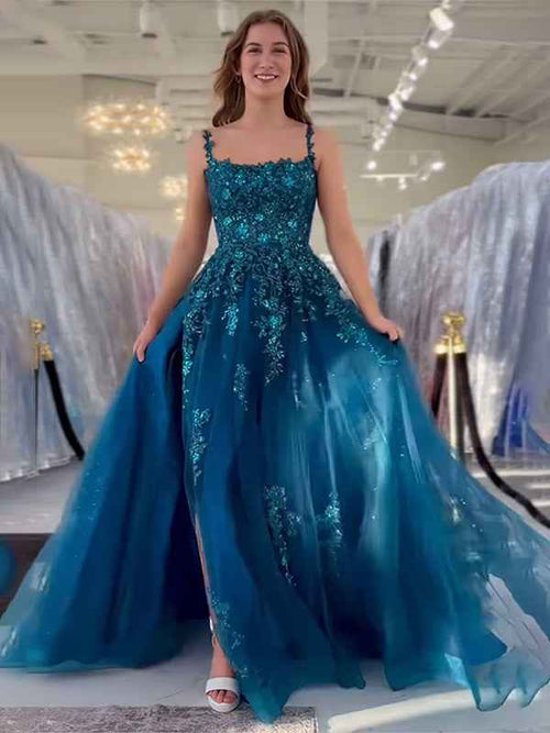 Peacock Blue A Line Slit Long Tulle Prom Dress with Appliques BMBRIDE