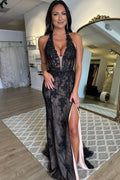 Stylish Black Halter Lace Appliques Mermaid Long Prom Dress with Slit BM bride