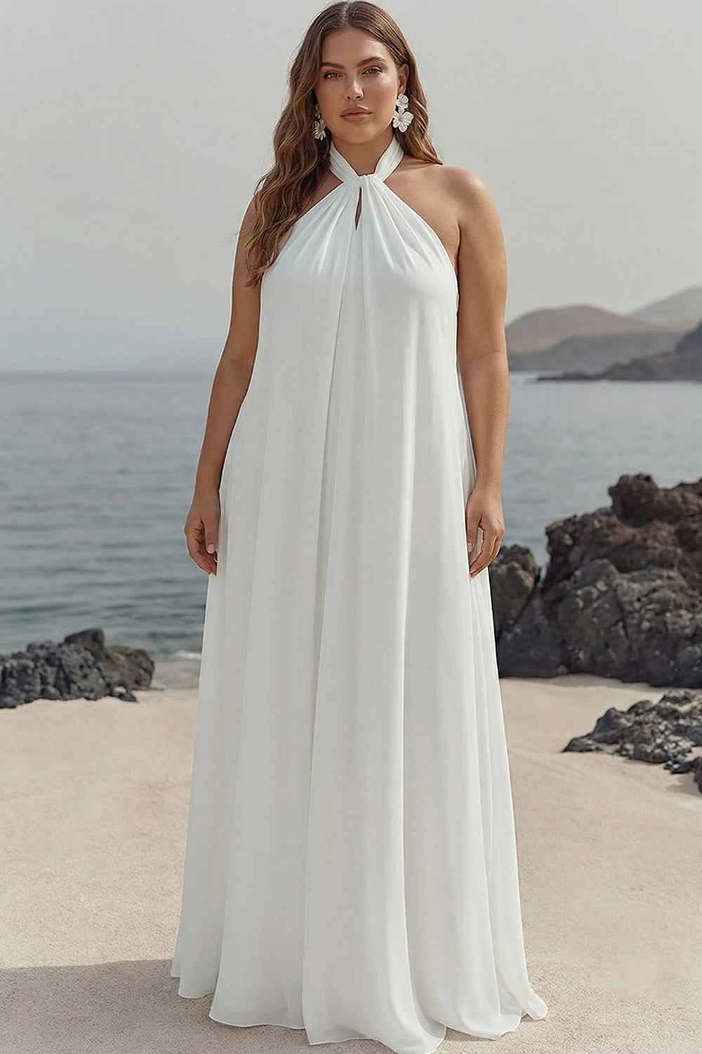 Flowy Sky Blue Chiffon A Line Halter Backless Long Prom Dress