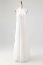 Flowy Sky Blue Chiffon A Line Halter Backless Long Prom Dress