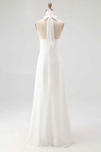 Flowy Sky Blue Chiffon A Line Halter Backless Long Prom Dress