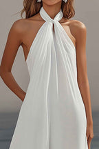 Flowy Sky Blue Chiffon A Line Halter Backless Long Prom Dress
