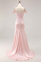 Pink A Line Satin Off the Shoulder Long Prom Dress with Lace