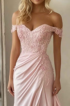 Pink A Line Satin Off the Shoulder Long Prom Dress with Lace