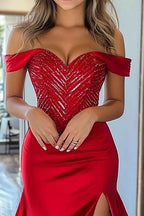 Red Mermaid Off the Shoulder Long Satin Prom Dress with Slit