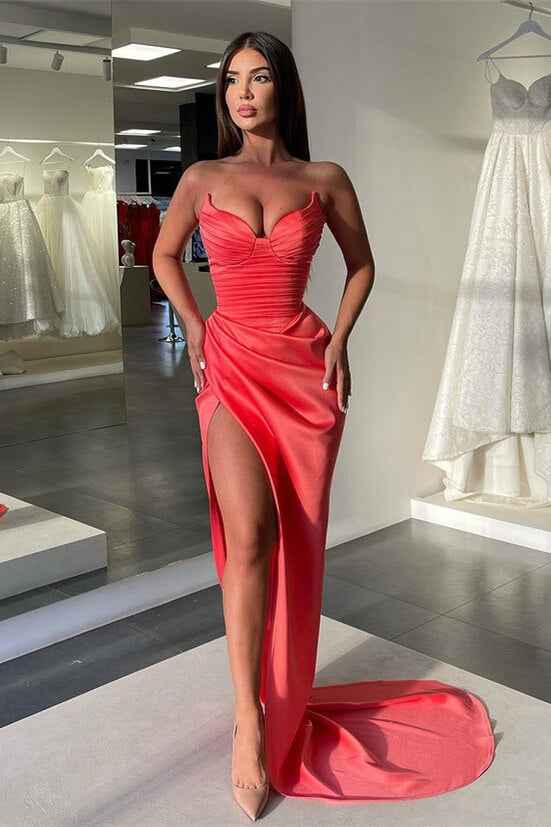 Chic Sweetheart Mermaid Sleeveless Pleated Long Prom Dress With High Split