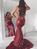 Spaghetti-Straps Mermaid Sequins Prom Dress BM bride