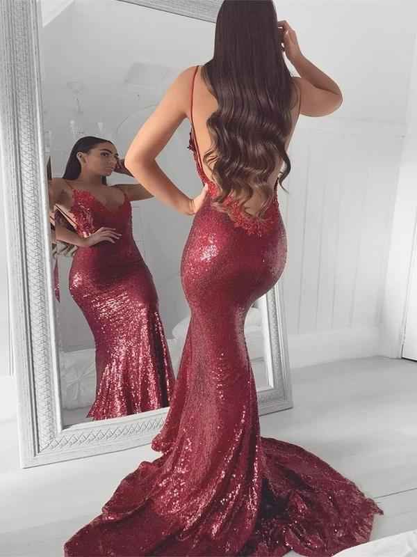 Stunning Mermaid Spaghetti Strap Deep V Neck Sleeveless Sequins Prom Dress