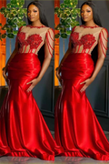 Red Crew Neck Sleeveless Mermaid Princess Prom Dress Trumpet With Beading