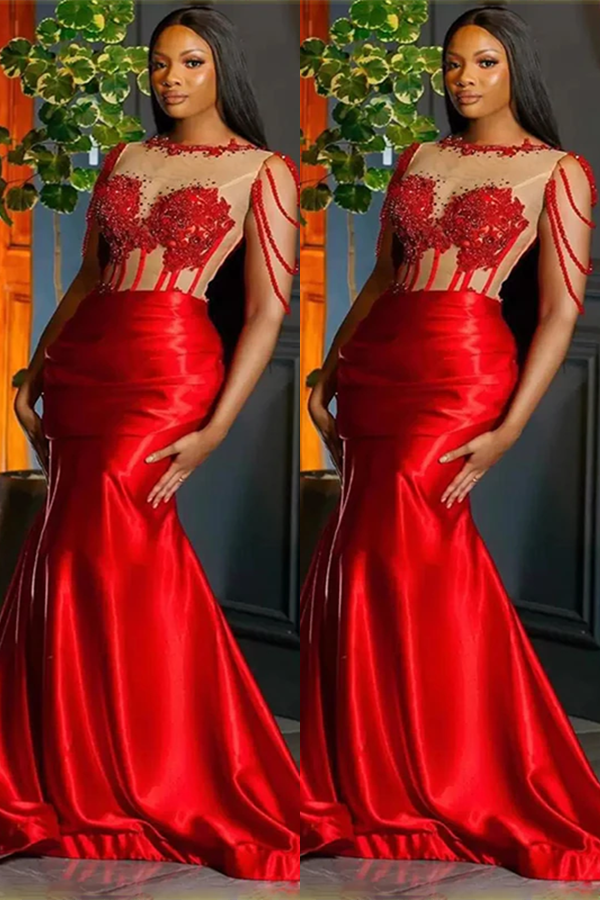 Red Crew Neck Sleeveless Mermaid Princess Prom Dress Trumpet With Beading