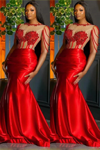 Amazing Red Crew Neck Sleeveless Mermaid Prom Dress Trumpet With Beadings