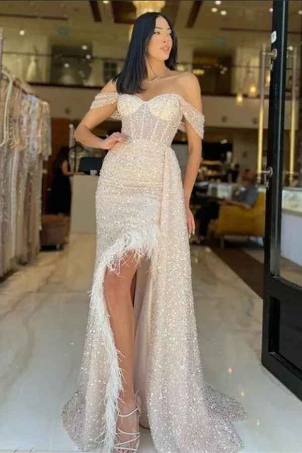 Off the Shoulder Charming Champagne Sequins Prom Dress With Feather