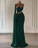 Burgundy Sequined Mermaid Prom Dress with Split and Long Ruffles BM bride