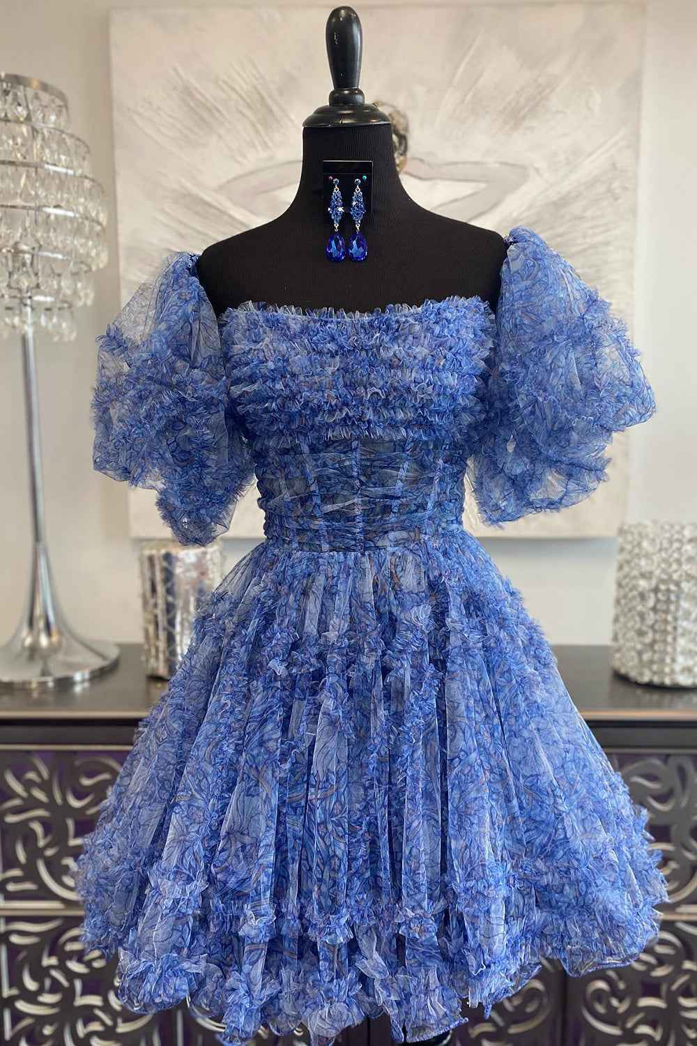 Blue Printed Detachable Sleeves Ruffled Short Homecoming Dress Bmbride