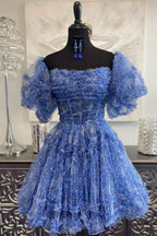 Blue Printed Detachable Sleeves Ruffled Short Homecoming Dress Bmbride