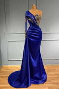 Dark Blue One Shoulder Long Sleeve Mermaid Prom Dress with Beads BM bride