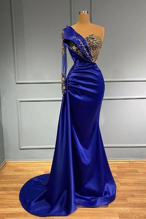 Dark Blue Long Sleeve One Shoulder Pleated Mermaid Prom Dress With Beadings BMBRIDE