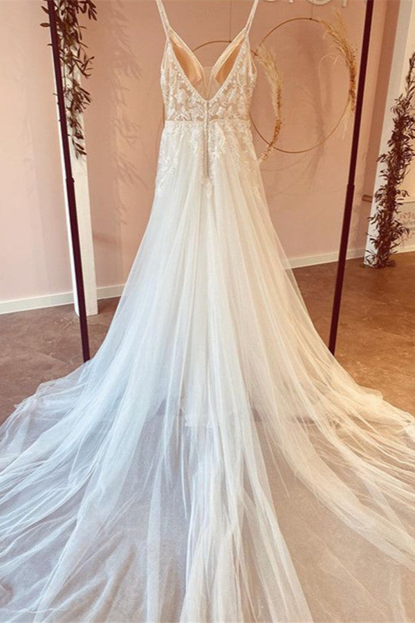 Modest V-Neck Long A-Line Tulle Wedding Dress with Spaghetti Straps and Lace Appliques BM bride