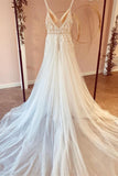 Modest V-Neck Long A-Line Tulle Wedding Dress with Spaghetti Straps and Lace Appliques BM bride