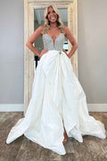Sparkly White Sweetheart Ball Gown Beaded Long Corset Pageant Dress with Bow