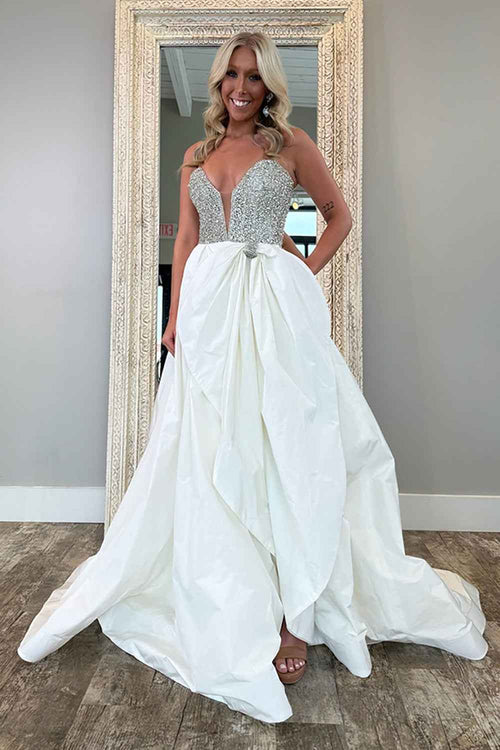 Sparkly White Sweetheart Ball Gown Beaded Long Corset Pageant Dress with Bow