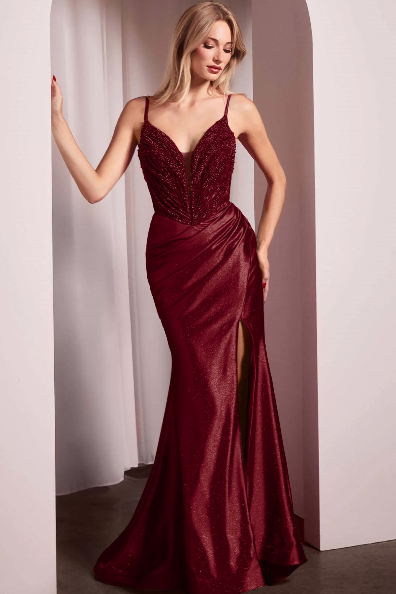 Spaghetti Strap Long Mermaid Prom Dress With Split Beading Pleated BMBRIDE