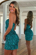 Sparkly Gold Strapless Tight Short Corset Homecoming Dress with Sequins