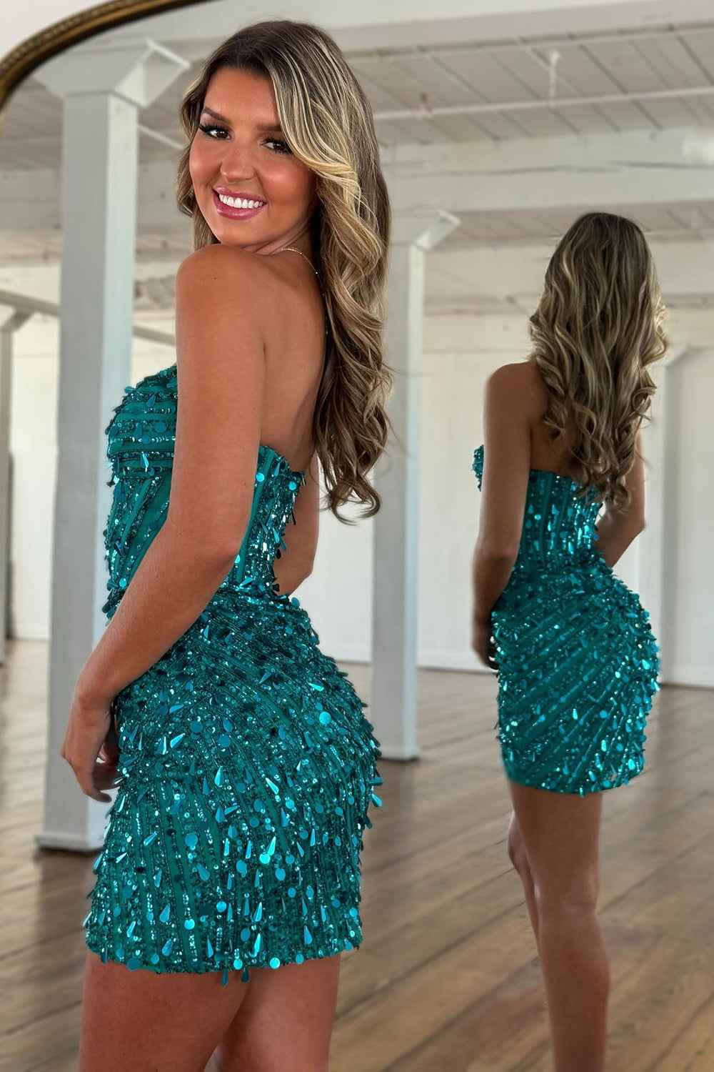 Sparkly Gold Strapless Tight Short Corset Homecoming Dress with Sequins