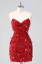 Sparkly Gold Strapless Tight Short Corset Homecoming Dress with Sequins