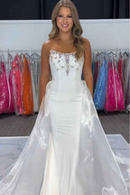 Sparkly White Strapless Mermaid Satin Long Prom Dress with Beading