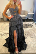 Sparkly Yellow Sweetheart A-Line Satin Ruffled Cut-Out Long Prom Dress with Beading