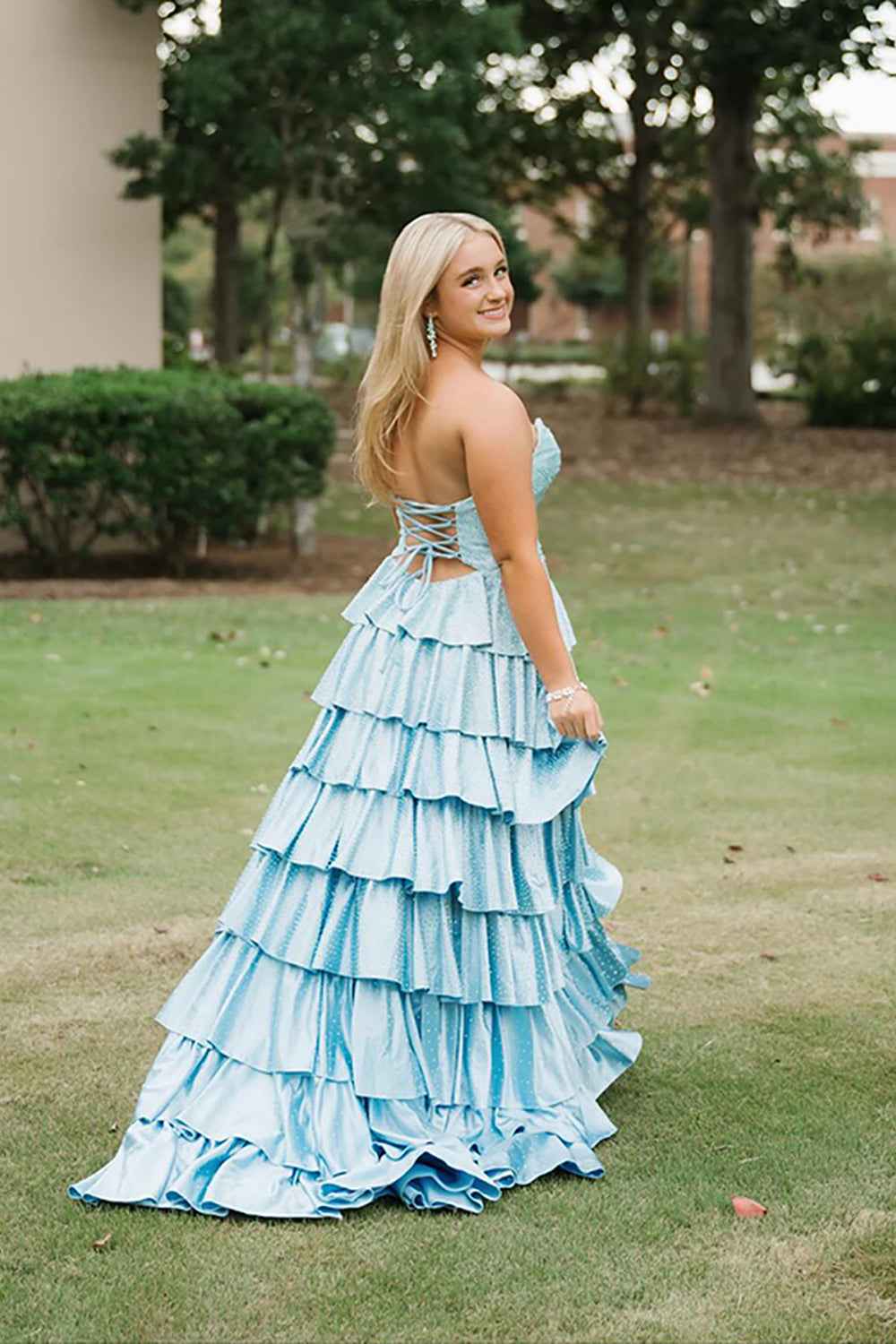 Sparkly Yellow Sweetheart A-Line Satin Ruffled Cut-Out Long Prom Dress with Beading