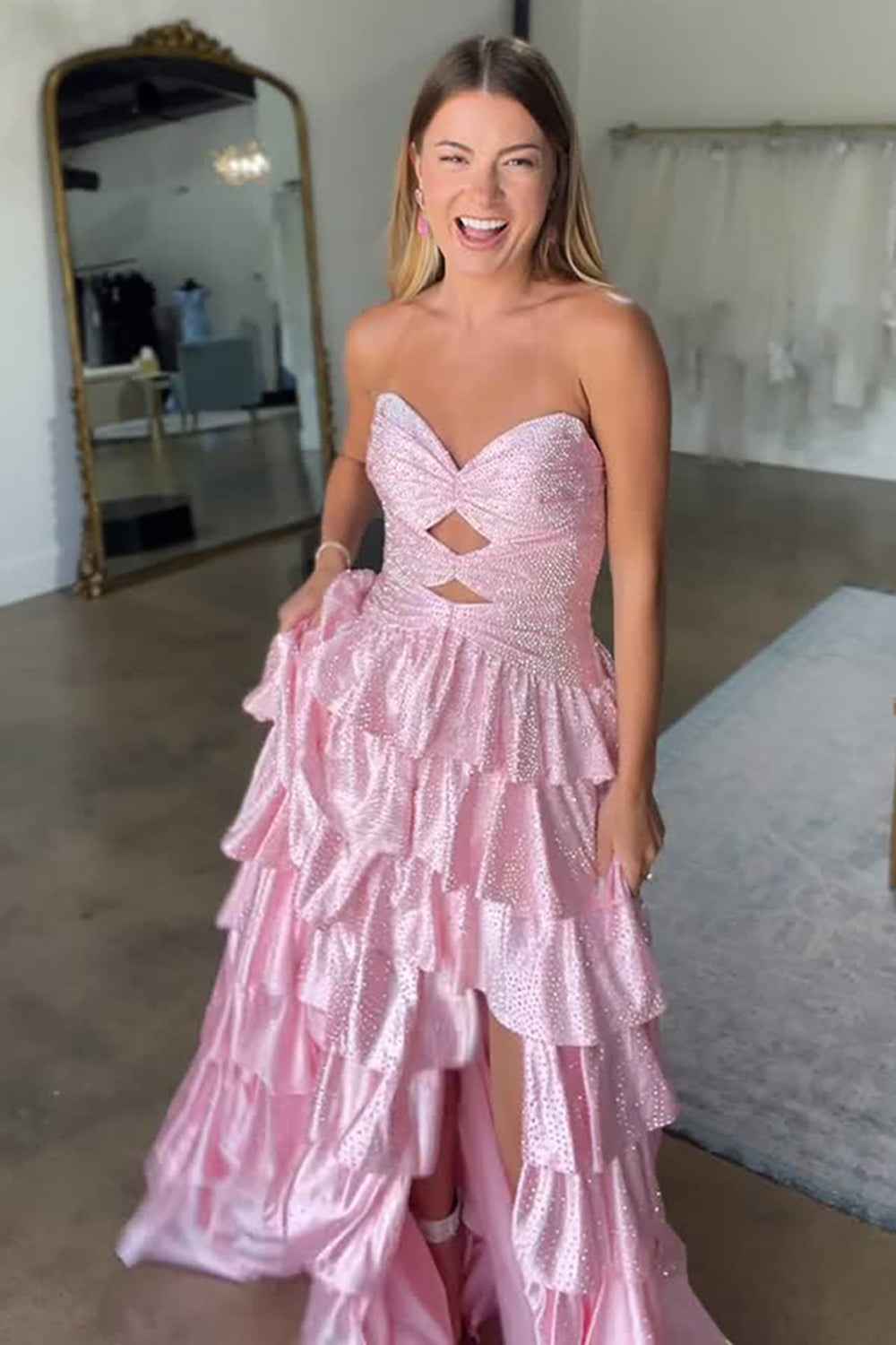 Sparkly Yellow Sweetheart A-Line Satin Ruffled Cut-Out Long Prom Dress with Beading