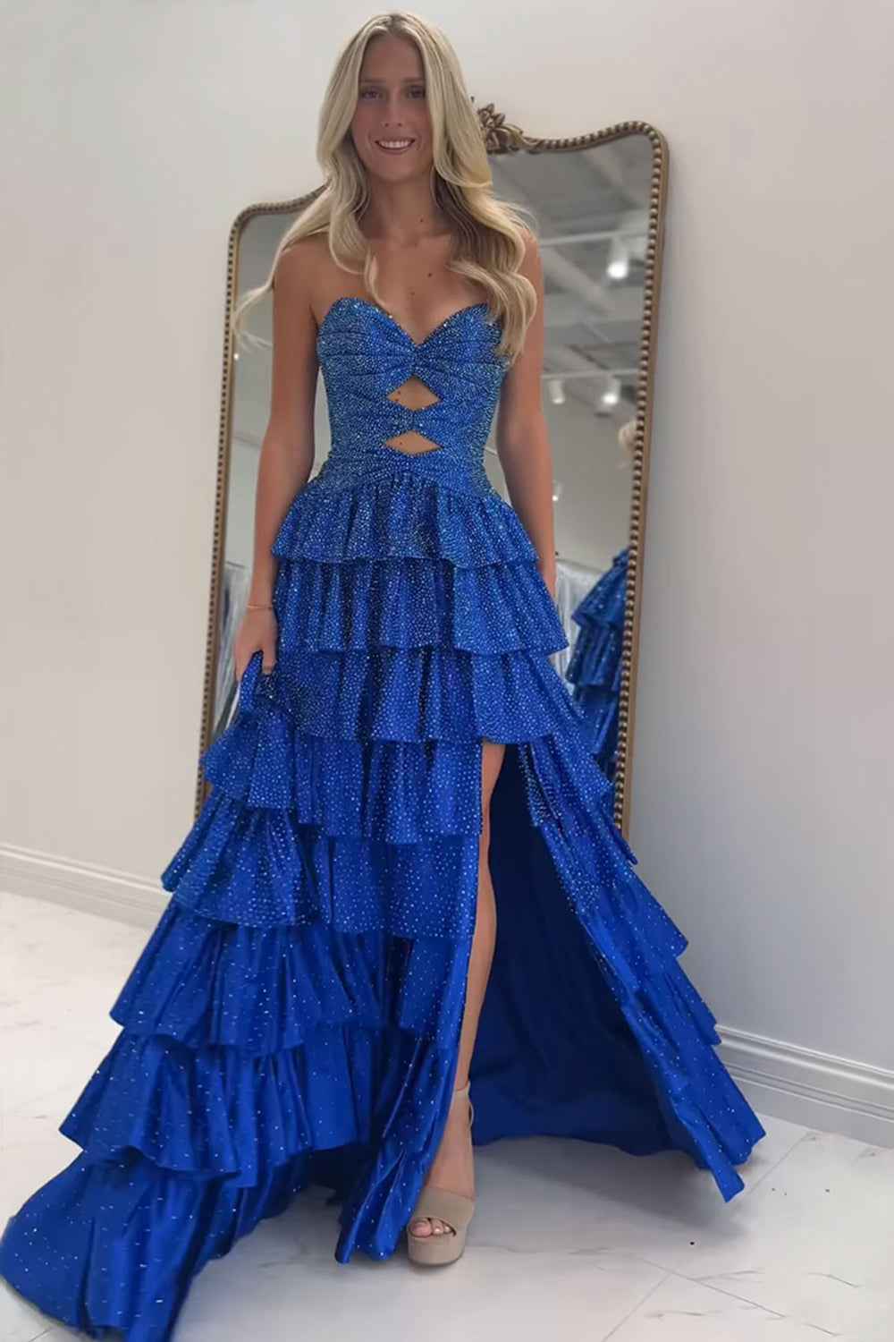 Sparkly Yellow Sweetheart A-Line Satin Ruffled Cut-Out Long Prom Dress with Beading