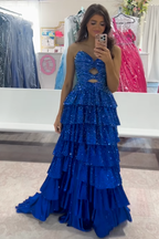 Sparkly Yellow Sweetheart A-Line Satin Ruffled Cut-Out Long Prom Dress with Beading