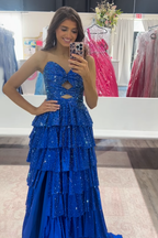 Sparkly Yellow Sweetheart A-Line Satin Ruffled Cut-Out Long Prom Dress with Beading