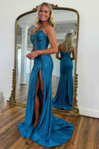 Sparkly Blue Sweetheart Mermaid Beaded Cut-Out Long Prom Dress with Slit