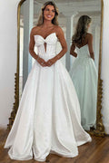 Sparkly White Sweetheart Beaded Princess Long Corset Prom Dress with Bow
