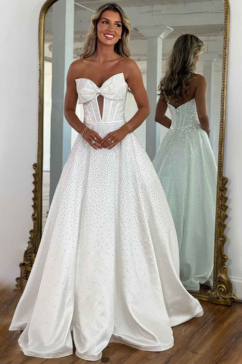 Sparkly White Sweetheart Beaded Princess Long Corset Prom Dress with Bow BMBRIDE