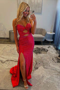 Sparkly Red Sweetheart Beaded Mermaid Cut-Out Long Prom Dress with Slit