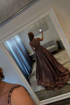 Brown Leopard Thick Straps A-Line Long Corset Prom Dress with Slit