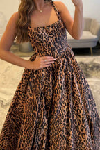 Brown Leopard Thick Straps A-Line Long Corset Prom Dress with Slit