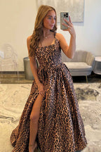 Brown Leopard Thick Straps A-Line Long Corset Prom Dress with Slit