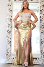 Sparkly Gold Strapless Metallic Mermaid Long Corset Prom Dress with Beading
