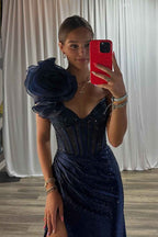 Navy Mermaid One Shoulder Beaded Long Corset Prom Dress with Slit